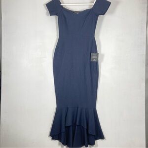 Lulus How Much I Care Off-The-Shoulder Midi Dress Basic Sleeved  Blue XS